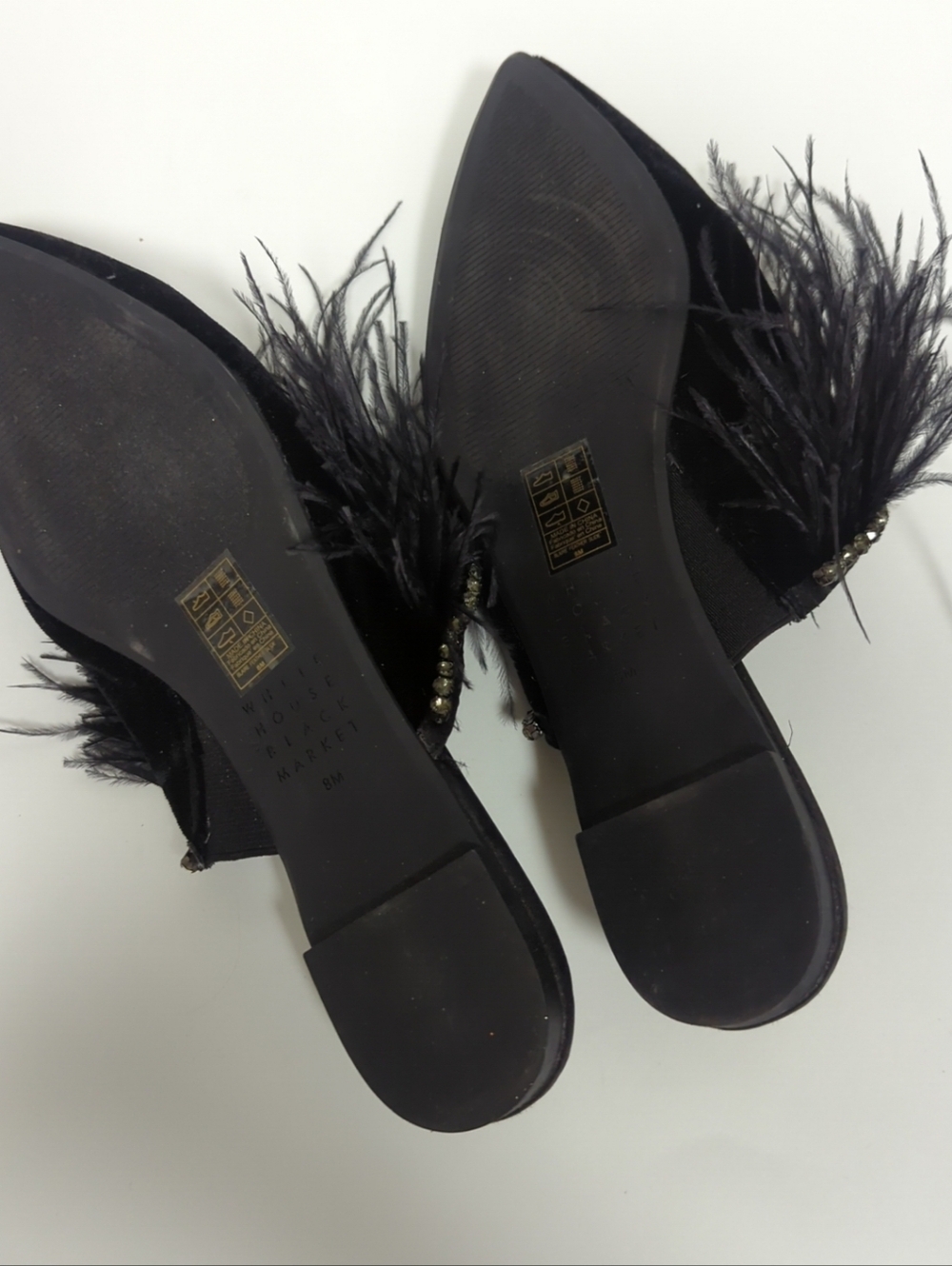 White House Black Market Sz8 Blaire Velvet Feather Mules Slides Rhinestone Chic - Picture 7 of 8